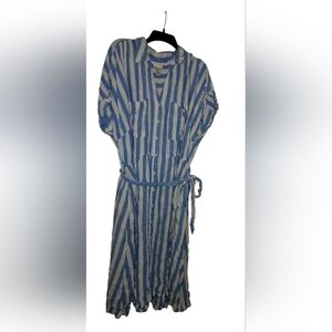 Ava&Viv Women's Short Sleeve Tie-Front Midi Linen Blue Shirtdress Striped 3X